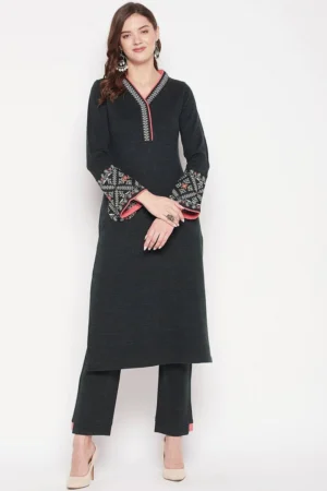 Zigo Women’s Embroidered A-Line Woollen Kurta Suit Set