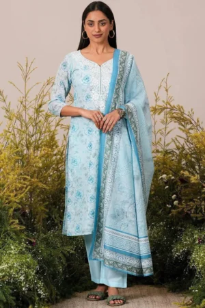 Libas Blue Printed Linen Straight Suit with Dupatta